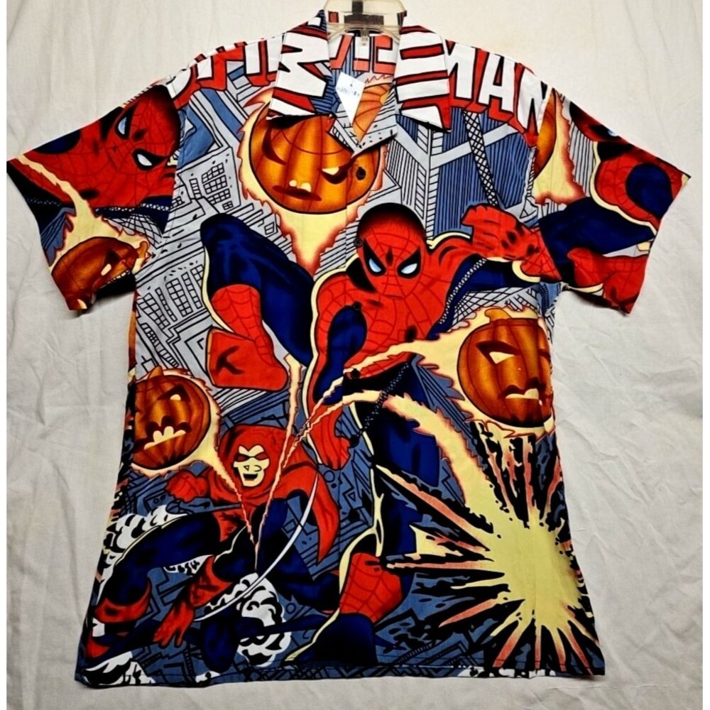 Spiderman Shirt Med VTG  Total Shirt Print Double Side 2000 Y2K Marvel Hawaiian